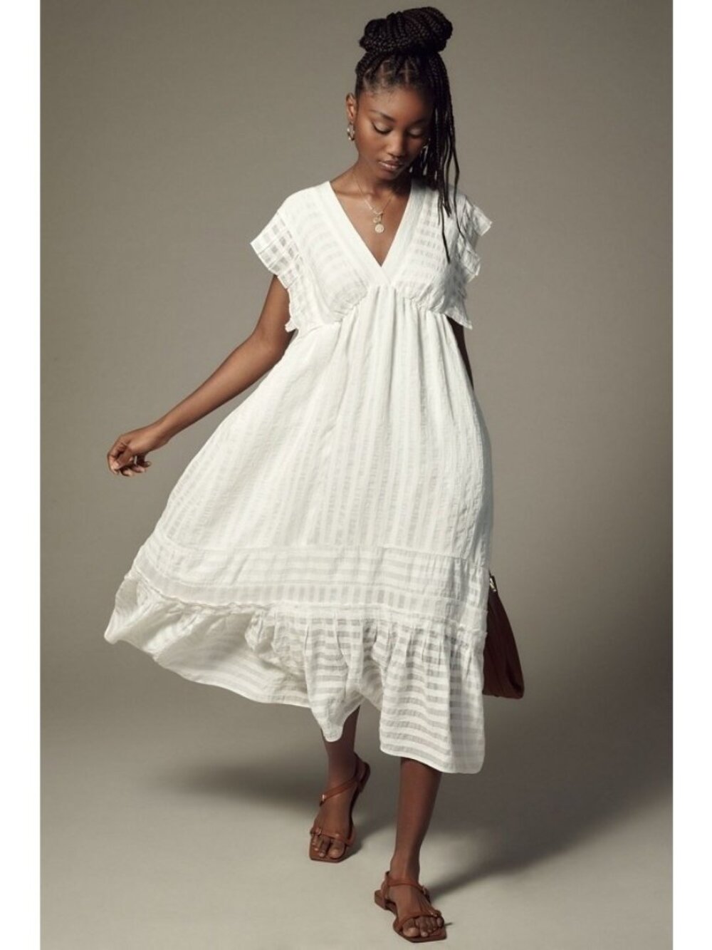 Anthropologie Women's V-Neck Ruffled Tiered Babydoll Dress Size Medium White
